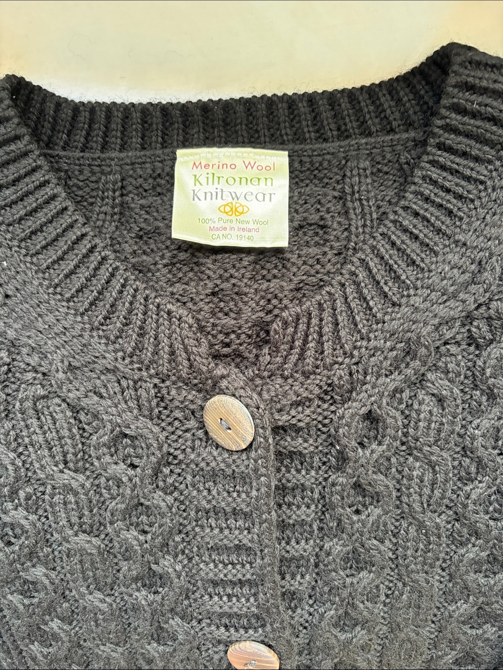 Irish Wool Cable Knit Black Cardigan Sweater - Picture 4 of 8